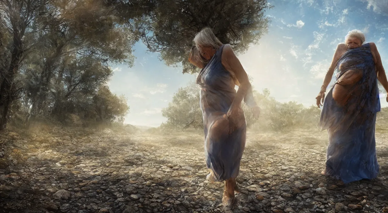 Image similar to Giant 65-year-old giant Gaia woman crying as she walks over a dried up river, blue sky, warm and sunny, highly-detailed, elegant, dramatic lighting, artstation, 4k, cinematic landscape