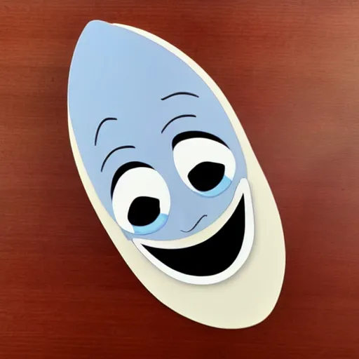 Image similar to vinyl designer toy, cartoon character, head shaped as crescent 🌙 moon, creepy smiling evil face with wrinkles, holds a knife in hand