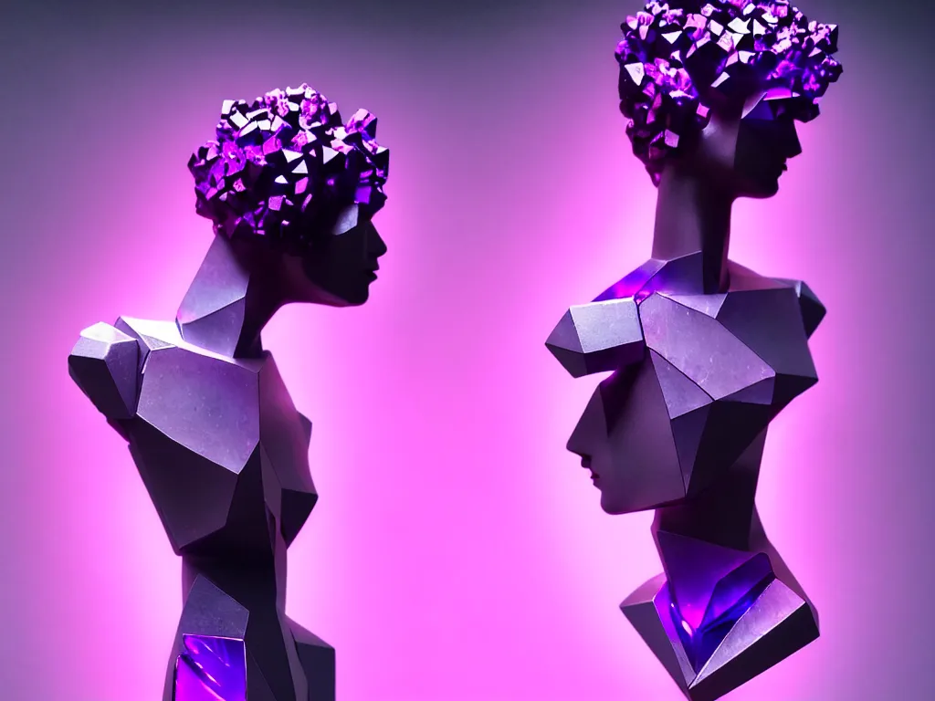 Prompt: beautiful mannequin sculpted out of amethyst by billelis + lit with purple 3 d geometric neon + chrome geometric cubed bonsai plants!!!!, dark grey clouds + neon pink lightning in background, clean linework, dramatic, finely detailed, rule of thirds, moody, confident, award winning, 4 k, trending on artstation, photorealistic, volumetric lighting, octane render