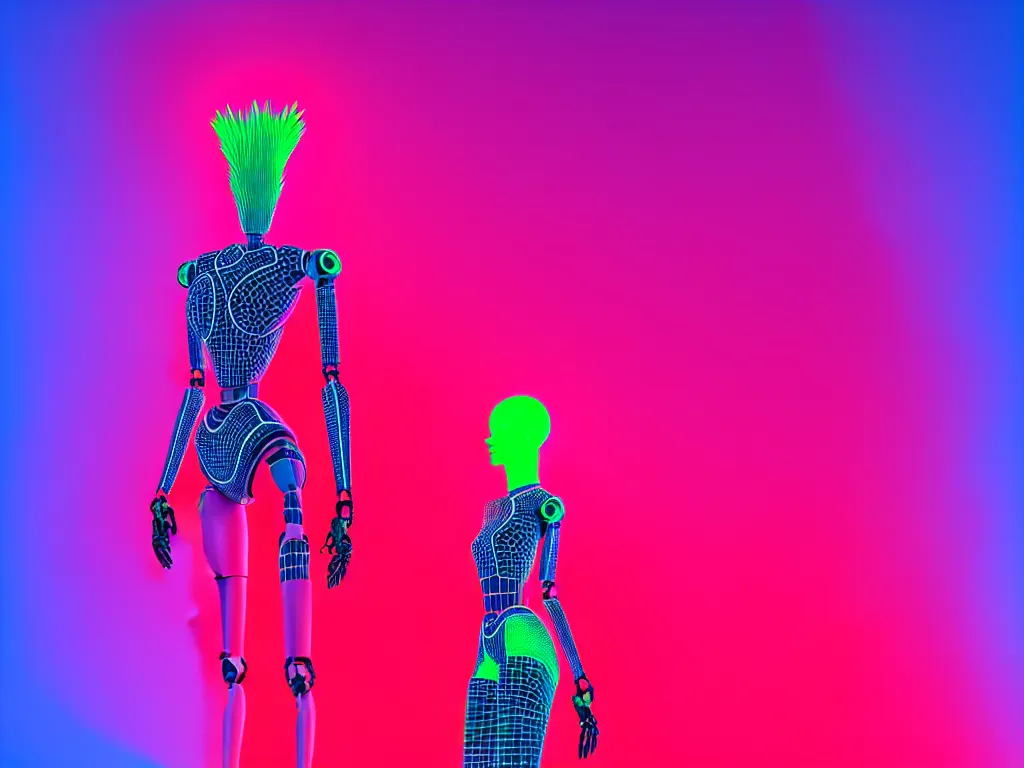 Image similar to beautiful tall female robot printed with red and black 3 d geometrical neon facing a doorway opening with neon pink geometric fractal light + a portal to a vaporwave world, flowering pineapples, transcendent, clean linework, dramatic, finely detailed, 4 k, trending on artstation, photorealistic, volumetric lighting, octane render