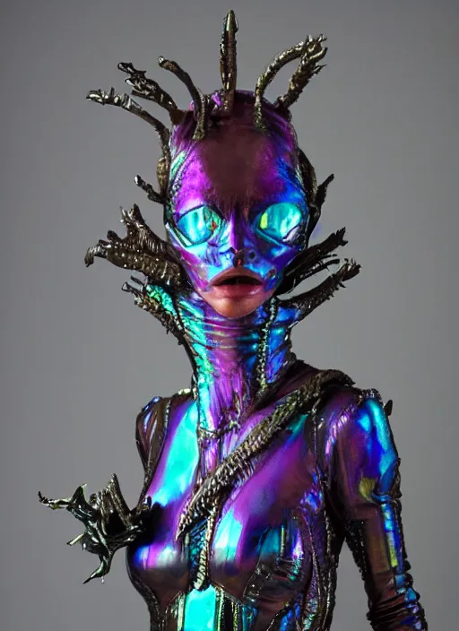 Image similar to an alien woman with iridescent shark skin, pirate weapons, by van herpen, iris