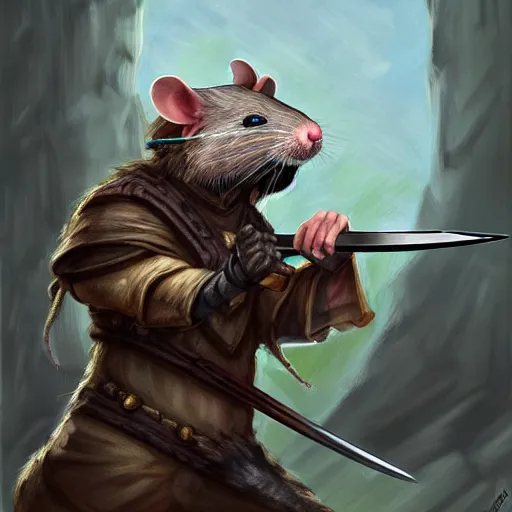 Prompt: antropomorphic rat character buying a sword made out of bone from a trader rat, fantasy art, digital art, fantasy art, matte painting