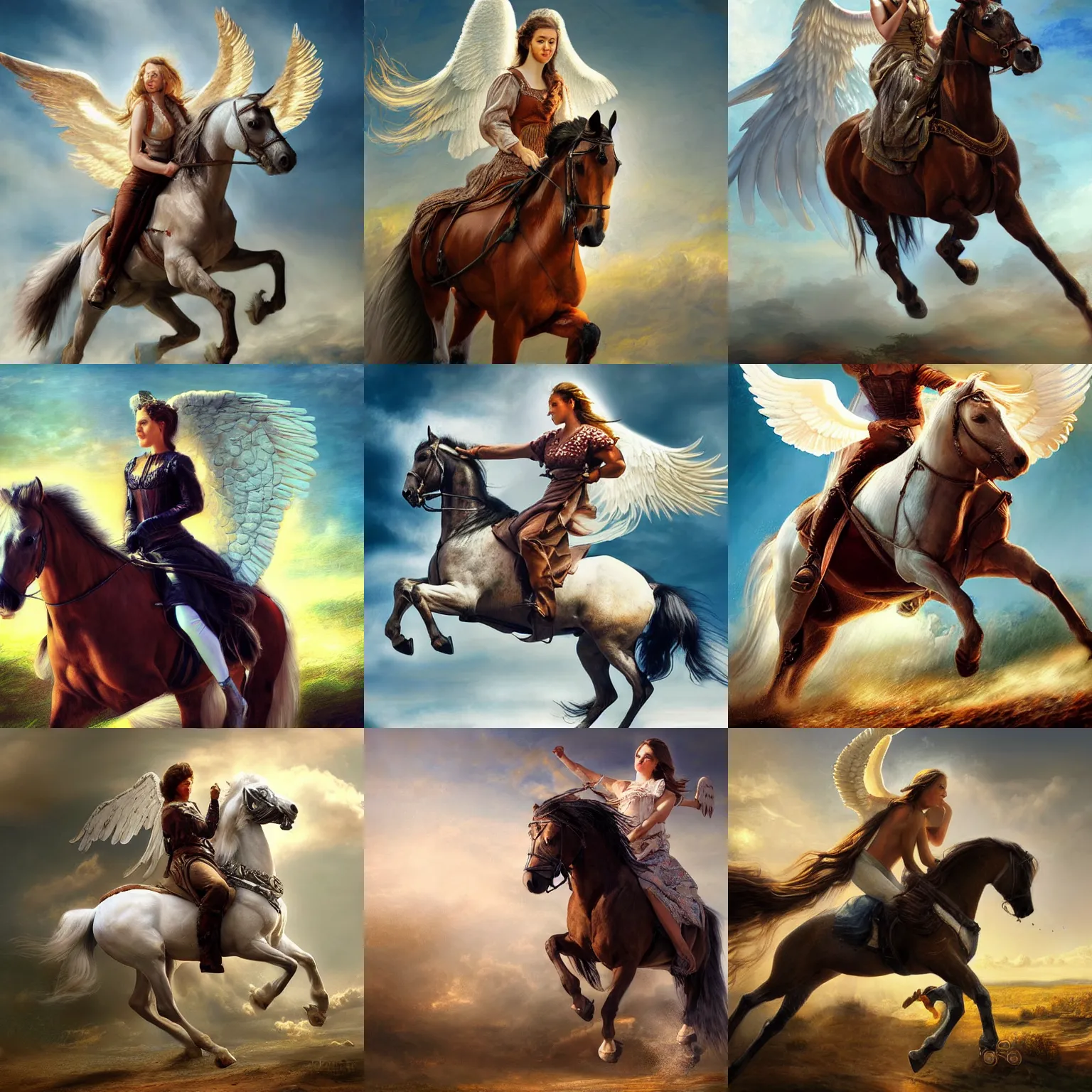 Prompt: a beautiful angel riding a horse, realistic painting, high definition, digital art, matte painting, very detailed, realistic