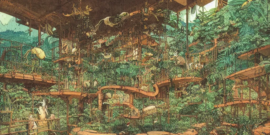 Image similar to 1 9 th century vivarium, detailed zoo environment by moebius and mohrbacher, japanese childrens book, 1 9 8 0 s,