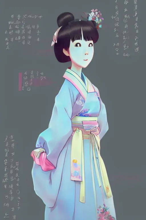 Prompt: pretty korean woman wearing beatiful hanbok, bright pastel colors, trending on artstation, studio ghibli painterly style