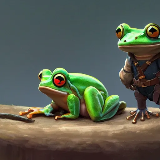 Image similar to wide shot of many cute frogs. Alexandra Fomina artstation, Ilya kushinov, by Renato Muccillo, Andreas Rocha, James Gurney, guillaume tholly, Gthl.art, Makoto Shinkai, Miyazaki, Breath of the wild, Simon Stålenhag, studio ghibli. Trending on ArtStation. award winning, digital 2D, painterly style, flat Illustration, high contrast