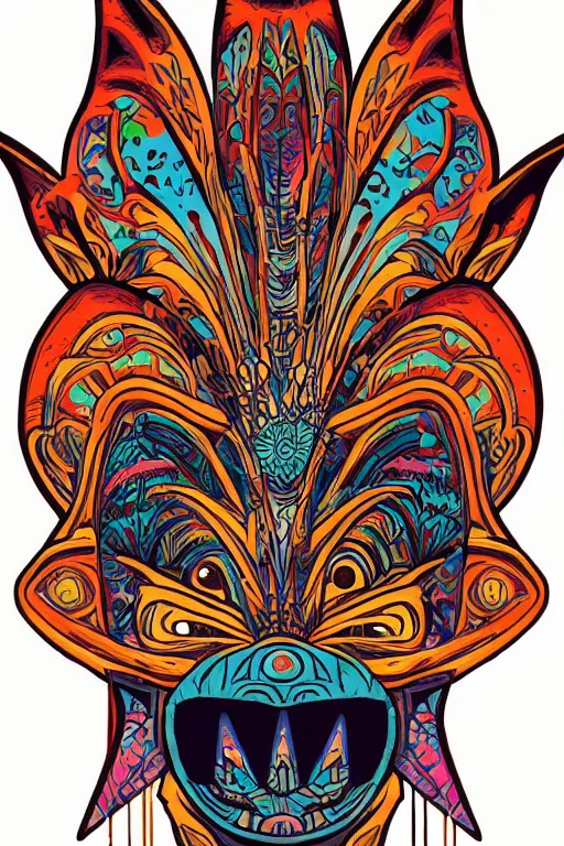 Image similar to animal mask totem roots flower tribal feather gemstone plant wood rock shaman vodoo video game vector cutout illustration vivid multicolor borderlands comics by josan gonzales and dan mumford radiating a glowing aura