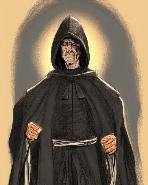 Image similar to character concept portrait of a man in dark robes, hooded, drawn by greg rukowtski