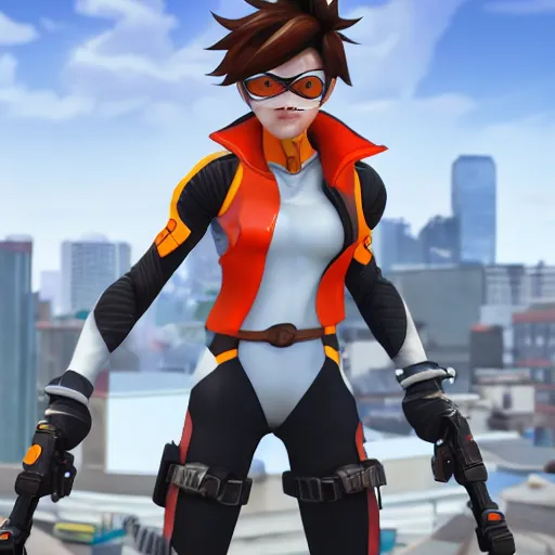 Prompt: tracer, standing on rooftop, 4 k, detailed, smiling at camera, confident stance