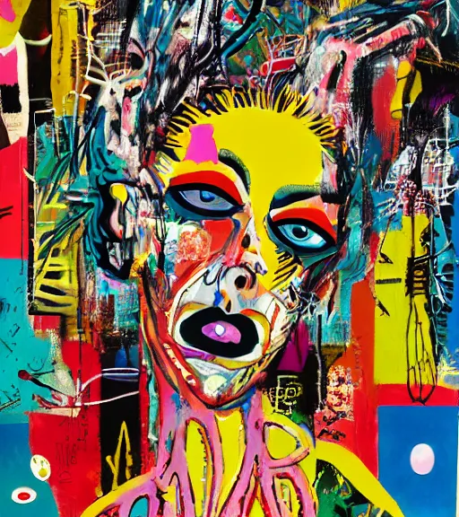 Prompt: acrylic painting of a bizarre psychedelic woman in japan in summertime, mixed media collage by basquiat and jackson pollock, maximalist magazine collage art, retro psychedelic illustration