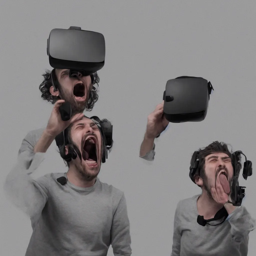 Image similar to Portrait of a non-existent person screaming to be let out of virtual reality, generated by an AI trained only on portrait images created by other AI systems,