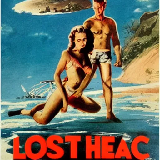 Prompt: The lost Beach, movie poster, artwork by Bill Medcalf