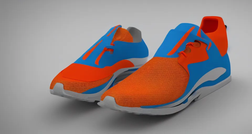 Image similar to concept running shoe in the gulf livery, artstation, octane render, 8 k, high quality, sharp focus.