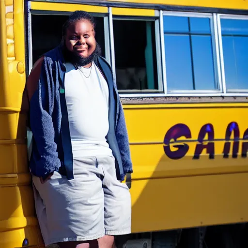 Image similar to overweight african american male school bus driver with dreads, wearing shorts with chubby legs, big moe, symmetric face, photo, posing in front of schoolbus