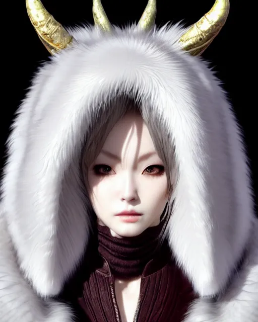 Image similar to fur - lined dragonhide jacket!!! beautiful and elegant female!! gorgeous ayes!! character concept art, sharp focus, illustration, artgerm!! ayami kojima!! wlop!! ilya kuvshinov!! marc brunet!! octane render! unreal engine 5! highly rendered!! trending on artstation!! cgi vfx!