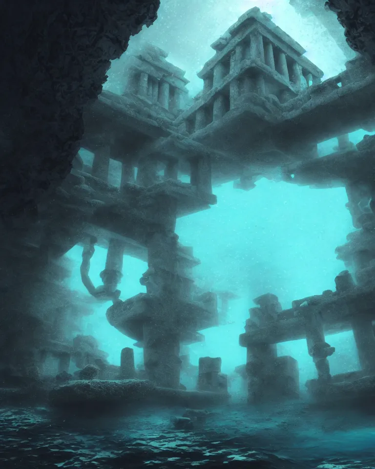 Image similar to full color, wide shot, submerged pre - incan temple, dark, underwater, symmetrical, bubbles, abyss, grenada underwater sculpture park, anime style mixed with fujifilm, detailed gouache paintings, stylized, dark, murky, foggy, atmospheric, artstation, cgsociety, octane render, cgi, unreal engine 5, denoise, cinematic masterpiece