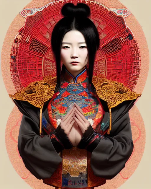 Image similar to portrait of a chinese cyberpunk machine, machine face, robed, upper half portrait, decorated with chinese opera motifs, regal, asian, fine china, wuxia, traditional chinese art intricate intense elegant 京 剧 highly detailed digital painting artstation concept art smooth sharp focus illustration, art by artgerm and greg rutkowski alphonse mucha 8 k