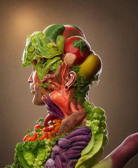 Prompt: anatomy illustration made with vegetables and fruits, ultra realistic, concept art, photorealistic, octane render, 8 k, unreal engine. art by gustave dore and nori inoguchi and sam kaplan and zachary goulko and christopher marley and artgerm and alphonse mucha, bright colors