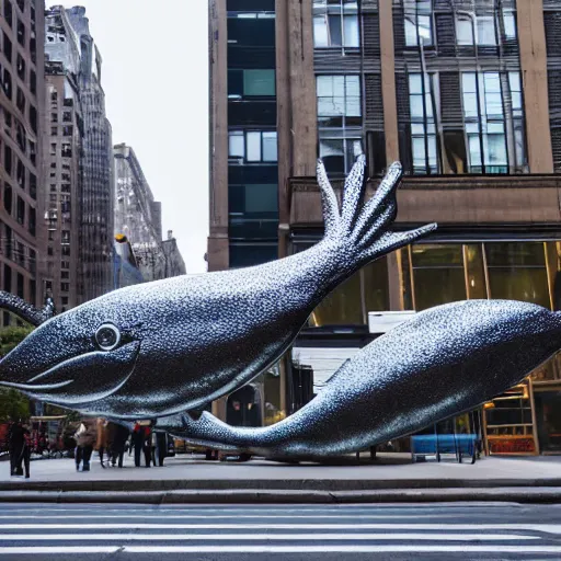 Prompt: an street photograph of a giant metallic fish sculpture in the center of a new york street, a large crowd have gathered, by Claes Oldenburg and jeff koons, pop art, 3D render, Volumetric dynamic lighting, Highly Detailed, Cinematic Lighting, Unreal Engine, 8k, HD