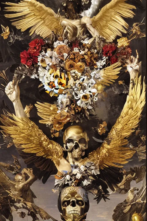 Image similar to A flying icarus reaching for the golden sun with a skull mask and golden wings as a Greek sculpture, quartz crystal skull, wreath of flowers and abstract eyes, bouquet of bones, many large flying monster eyes, silk, fabric, birds, flowers. baroque elements, human skull. full-length view. baroque element. intricate artwork by caravaggio. many many birds birds on background. Trending on artstation. halo. octane render, cinematic, hyper realism, octane render, 8k, depth of field, 3D