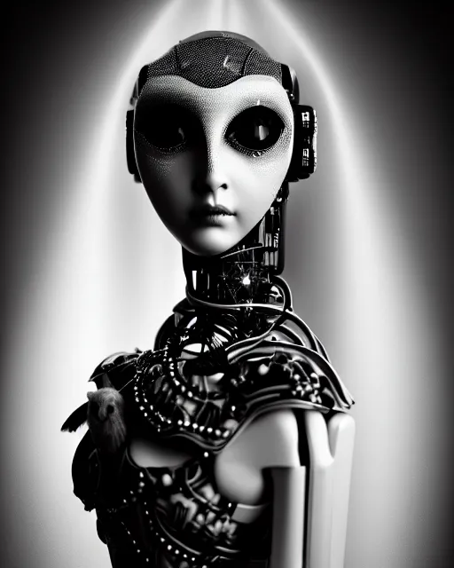 Image similar to surreal mythical dreamy dark artistic black and white fine art 3 / 4 fashion portrait photo of a young beautiful delicate female robot - owl with orchid - doll face, rim light, cinematic, studio dramatic light, poetic, masterpiece, octane render, 8 k, photo - realistic by gustave dore hg giger