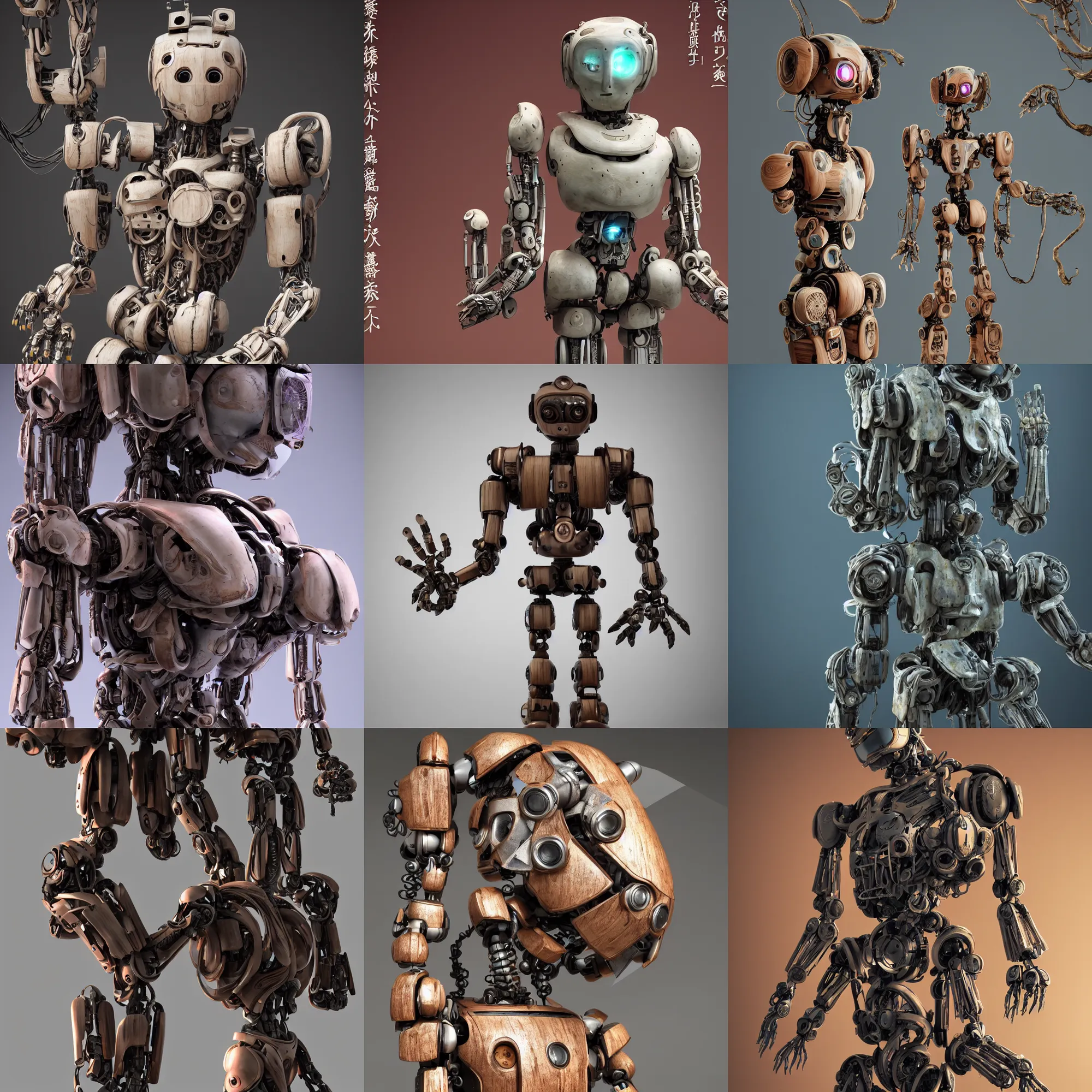 Prompt: octane render ultra photorealistic hyper detailed, a very very cute wooden mystical statue robot of the roman natural vegetal cyberpunk a contemporary art gallery in neo tokyo artwork