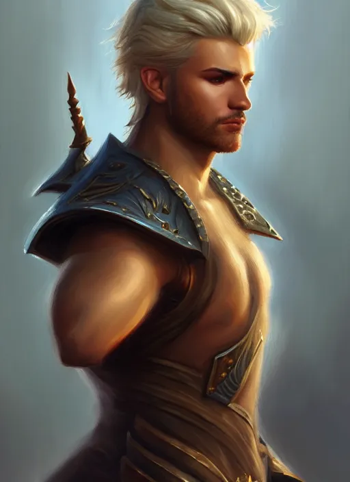 Image similar to a _ fantasy _ style _ portrait _ painting _ of male, medium dark blonde hair side part and blonde stubble, rpg dnd oil _ painting _ unreal _ 5 _ daz. _ rpg _ portrait _ extremely _ detailed _ artgerm _ greg _ rutkowski _ greg