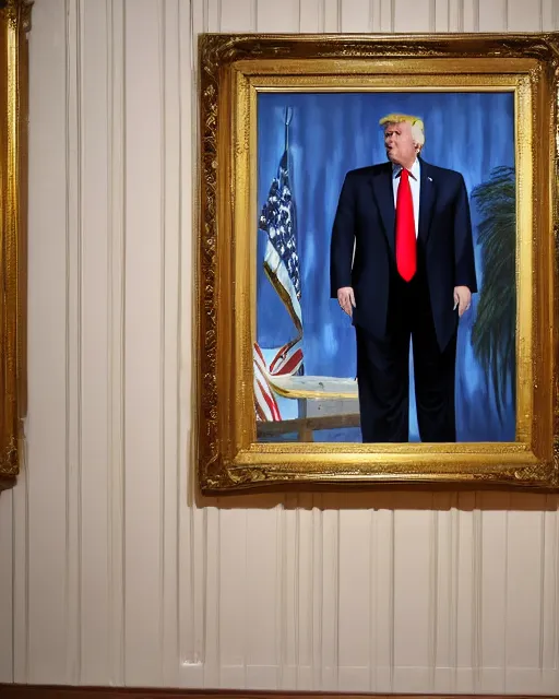 Prompt: a presidential portrait of donald trump in the style caricature artist oil painter sebastian kruger hanging on a wall at mar - a - largo