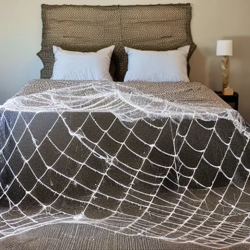 Prompt: bed made entirely of spider webs. pillow made of spider webs. blanket made of spider webs. detailed beautiful photography. intricate. photorealistic.