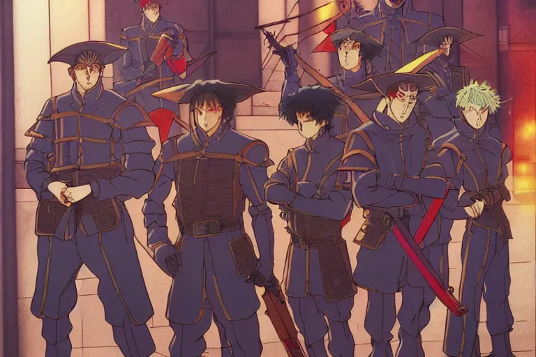 Image similar to cel shaded anime study of a group of wizard mercenaries in a late renaissance city, key visual with intricate linework, in the style of moebius, ayami kojima, 90's anime, retro fantasy, manga