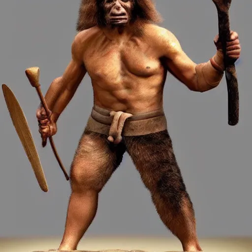 Image similar to prehistoric neanderthal superhero with a club made out of mammoth bone, epic, epical, absolutely epic, simply too epic