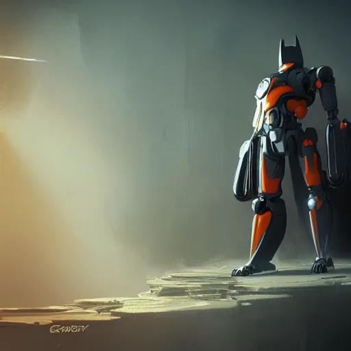 Image similar to concept render of an orange robot batman by cedric peyravernay and leon tukker