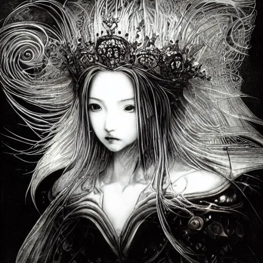 Prompt: yoshitaka amano blurred and dreamy illustration of a girl with black eyes, wavy white hair fluttering in the wind wearing elden ring armor and crown with engraving, highly detailed face, abstract black and white patterns on the background, noisy film grain effect, highly detailed, renaissance oil painting, weird portrait angle, blurred lost edges, three quarter view