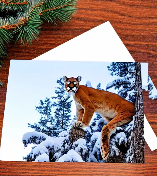 Image similar to torn up postcard of 'a cougar sleeping in the middle of snowy pine tree' laying on coffee table, zoomed out shot, HD, iphone capture