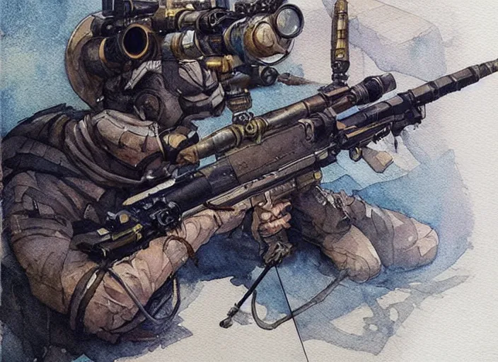 Image similar to concept art of a sniper rifle in futuristic, fantasy, steampunk, pinterest, artstation trending, behance, watercolor, by coby whitmore, silver, laser light,