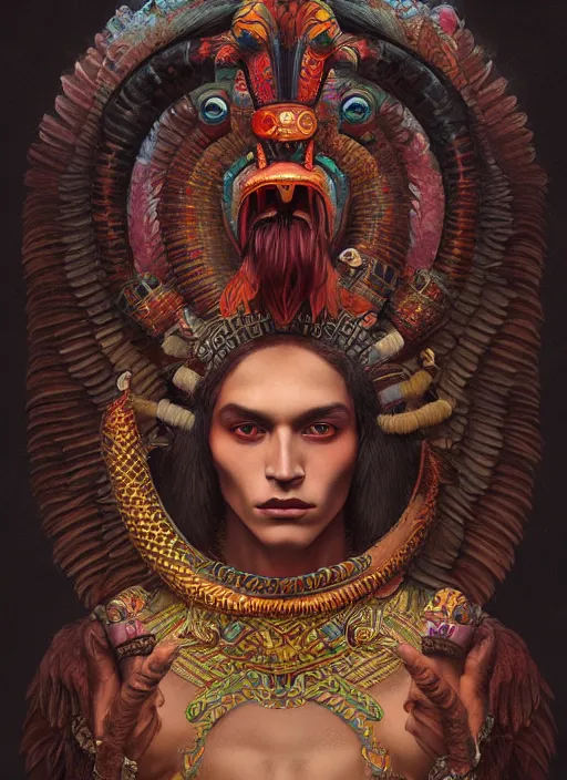 Image similar to portrait of aztec masculine god quetzalcoatl, by bogdan rezunenko and denys tsiperko and tom bagshaw, magic realism