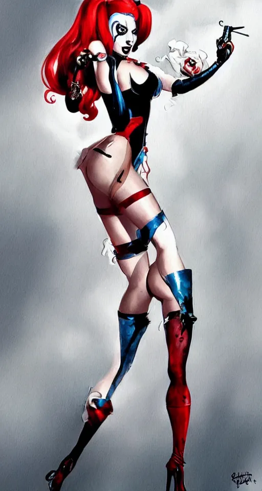 Prompt: lady gaga as harley quinn in a pin - up pose by artgerm, robert edward mcginnis, concept art, full body