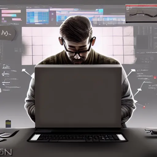 Image similar to realistic man using laptop in super tech room, artstation trends, concept art, highly detailed, intricate, sharp focus, digital art, 8 k