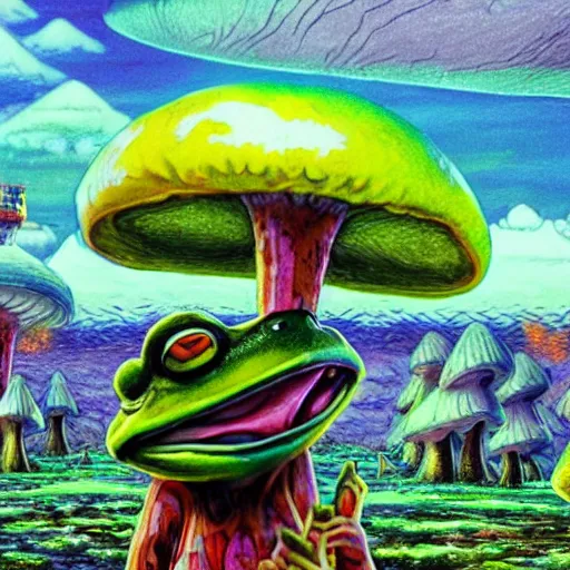 Image similar to A close up portrait of a dignified psychedelic godlike anthropomorphic frog smoking an anime blunt , magic mushroom village in background . award winning. superb resolution. in the art style of junji Ito and greg rutkowski . Detailed Mushroom city in background. Hyper realistic anime. Perfect art. Dalle2