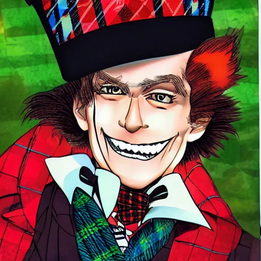 Image similar to The Madhatter as a Manga Character, Scottish Tartan on Hat, Very Large Grin, Depth of Field, 35mm + Art by Rieko Saibara