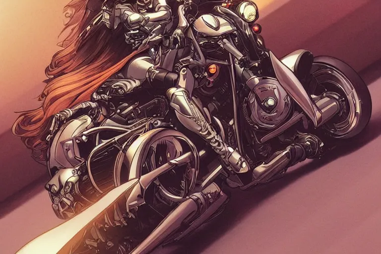 Prompt: comic book illustration, yamaha vmax motorcycle, cyberpunk concept art by artgerm and Alphonse Mucha and Moebius, highly detailed, intricate, sci-fi, sharp focus, Trending on Artstation HQ, deviantart