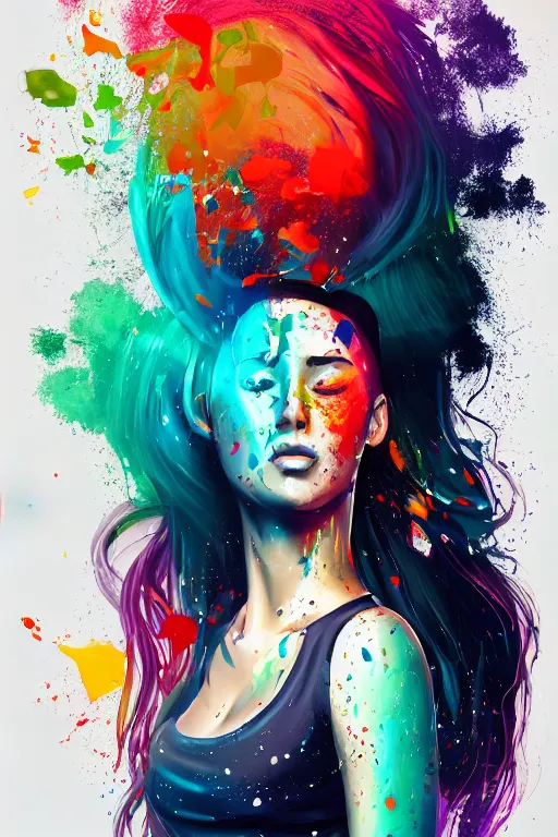 Image similar to a award winning half body portrait of a beautiful woman in a croptop and cargo pants with ombre navy blue teal hairstyle with head in motion and hair flying, paint splashes, splatter, outrun, vaporware, shaded flat illustration, digital art, trending on artstation, highly detailed, fine detail, intricate