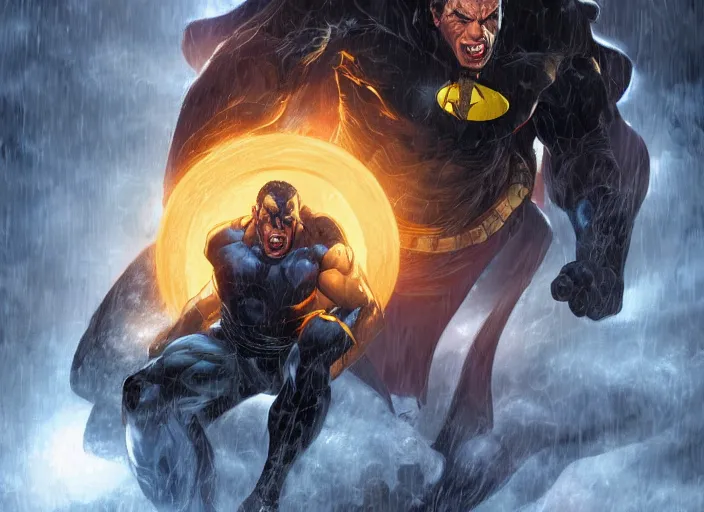 Prompt: giant black adam attacking the xmen during a blizzard, highly detailed, digital illustration, artstation, concept art, matte, sharp focus, illustration, dramatic, full moon, art by artgerm and greg rutkowski and alphonse mucha