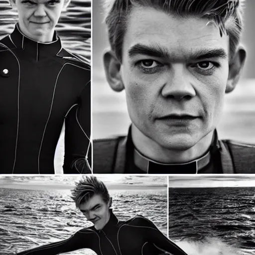 Image similar to Thomas Sangster wearing a lycra suit stepping out of a submarine overlooking the sea, handsome face, glittering sea, glamour shot, realistic face, photogenic