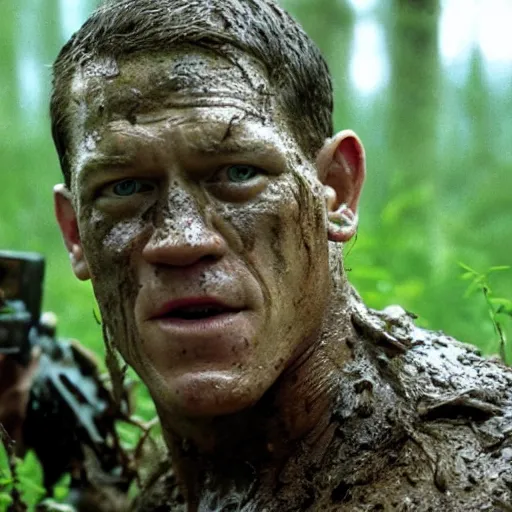 Image similar to film still of john cena as major dutch, covered in mud, hiding from the predator in swamp scene in 1 9 8 7 movie predator, hd, 8 k