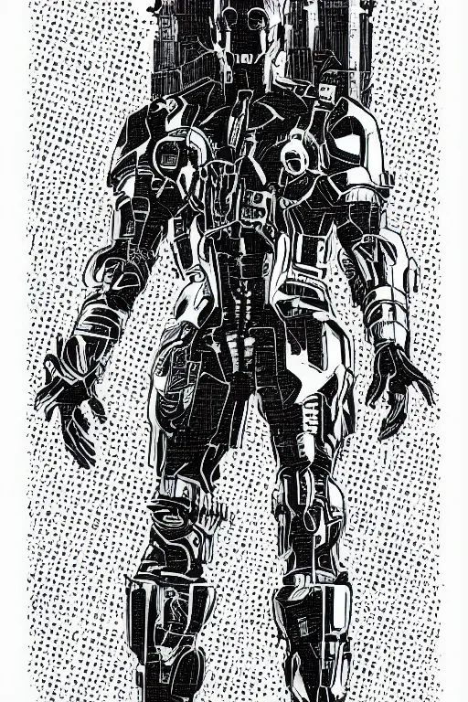 Image similar to ultron standing heroically, a page from cyberpunk 2 0 2 0, style of paolo parente, style of mike jackson, 1 9 9 0 s comic book style, white background, ink drawing, black and white