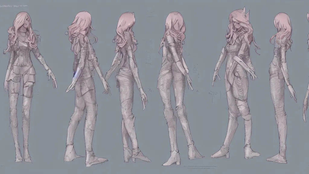 Prompt: character sheet for a light pink long haired female for futuristic moon like dark grey fashion brand demobaza in the mountains with snow impact by craig mullins, by studio ghibli, digital art, trending on artstation, hd, 8 k, highly detailed, good lighting, beautiful, snowfall, masterpiece