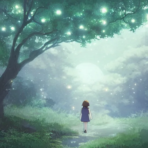 Prompt: anime, incredible wide screenshot, ultrawide, realist proportions, paper texture, intricate, very detailed, studio ghibli movie scene, girl in a dress walking the beautiful forest town, lanterns, wood bridges, night outdoors, fireflies!!!!, fog, dust