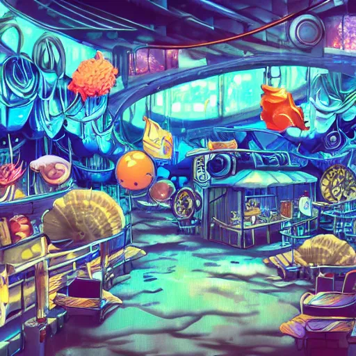 Image similar to anime background of an undersea shopping district built from various sea shells and corals, seaweed, light prisms, light diffraction, steampunk, cyberpunk, cool lights, anime, vhs distortion