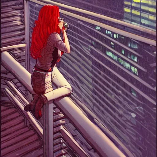 Image similar to a beautiful artwork of a woman with red hair in jeans and a white shirt smoking on the balcony of a hotel at night, top view, cinematic shot, rainy, marvel, dc comics neon and rainy theme atmosphere by Jerome Opeña, featured on artstation